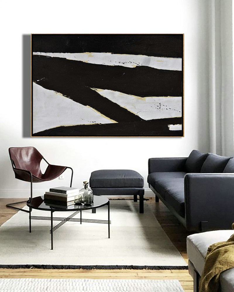 Abstract Art Decor Large Canvas Painting,Horizontal Palette Knife Minimal Canvas Art Painting Black White Beige,Artwork For Sale #F0Q8